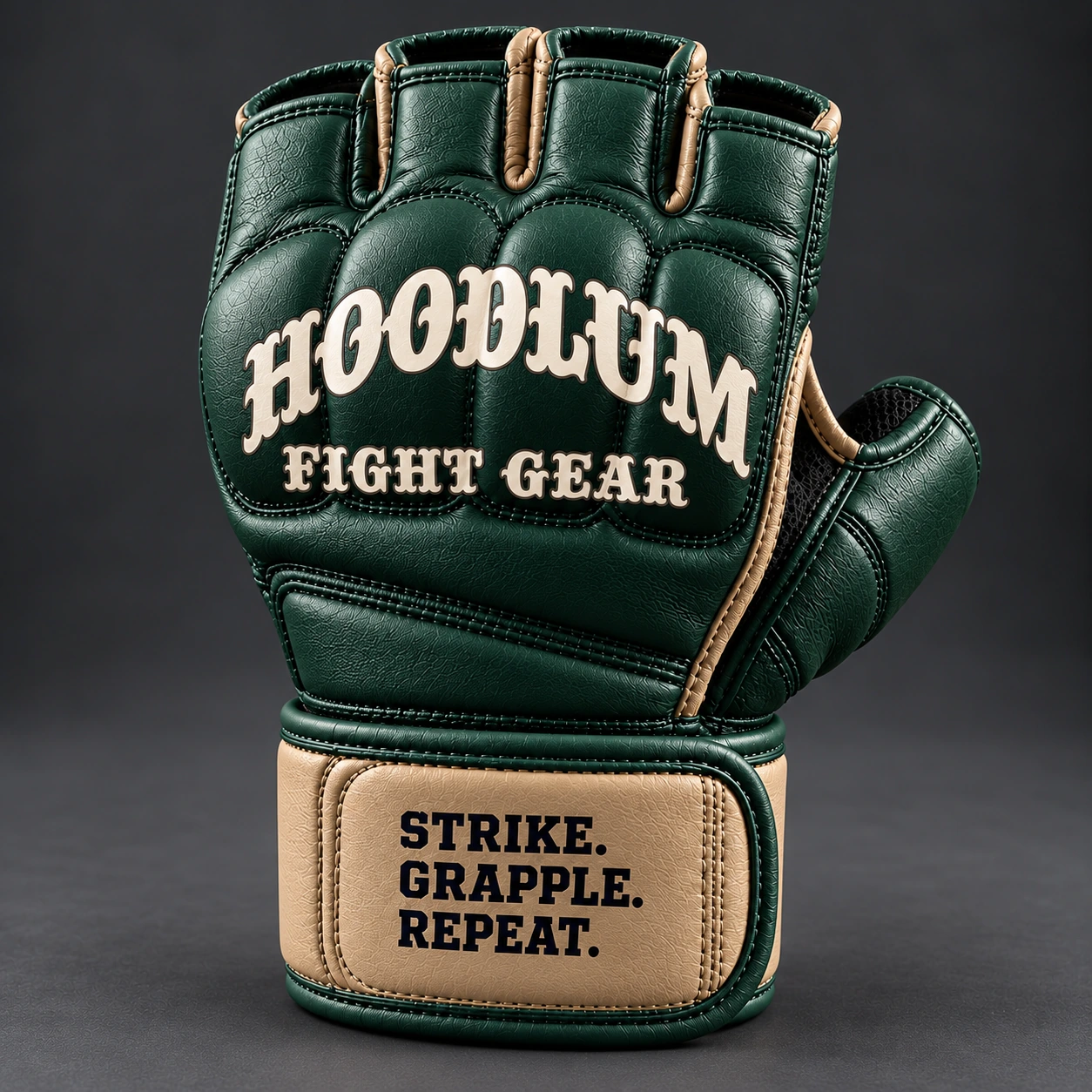Hybrid Training Gloves — Forest / Sand — Branding detail (AI demo concept)