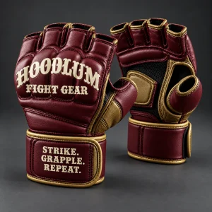 Hybrid Training Gloves — Oxblood / Brass — Three-quarter view (AI demo concept)