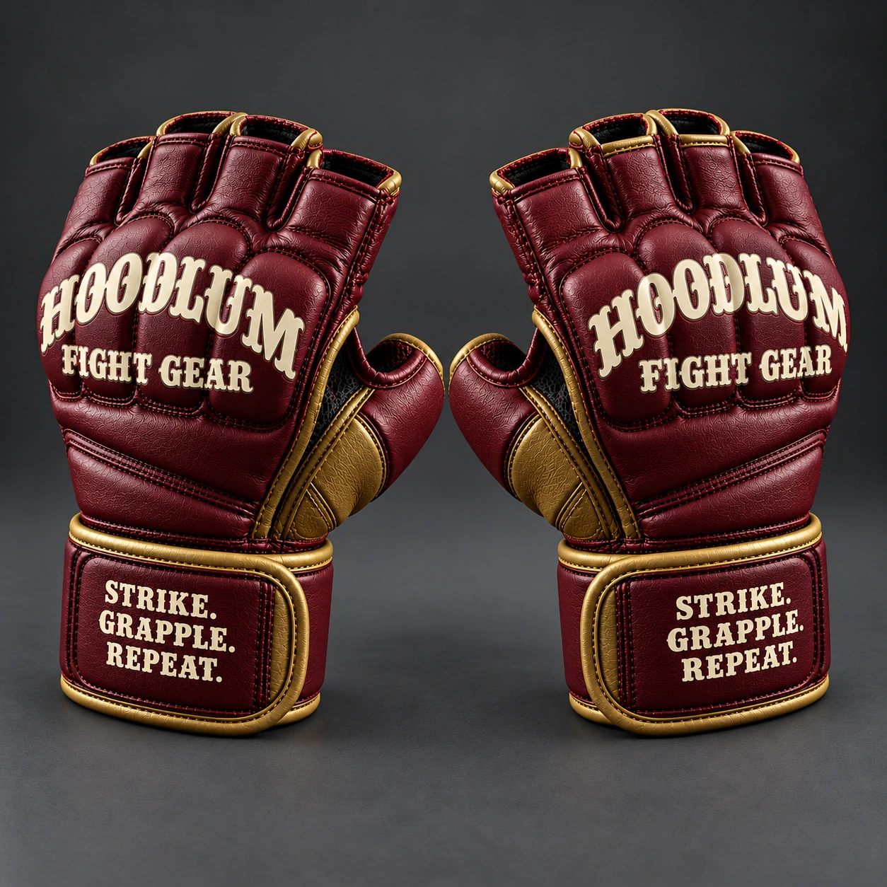 Hybrid Training Gloves — Oxblood / Brass — Opposite-side view (AI demo concept)