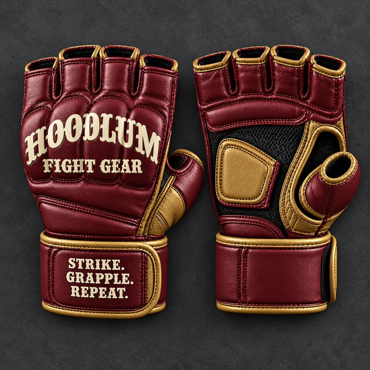 Hybrid Training Gloves — Oxblood / Brass — Top view (AI demo concept)