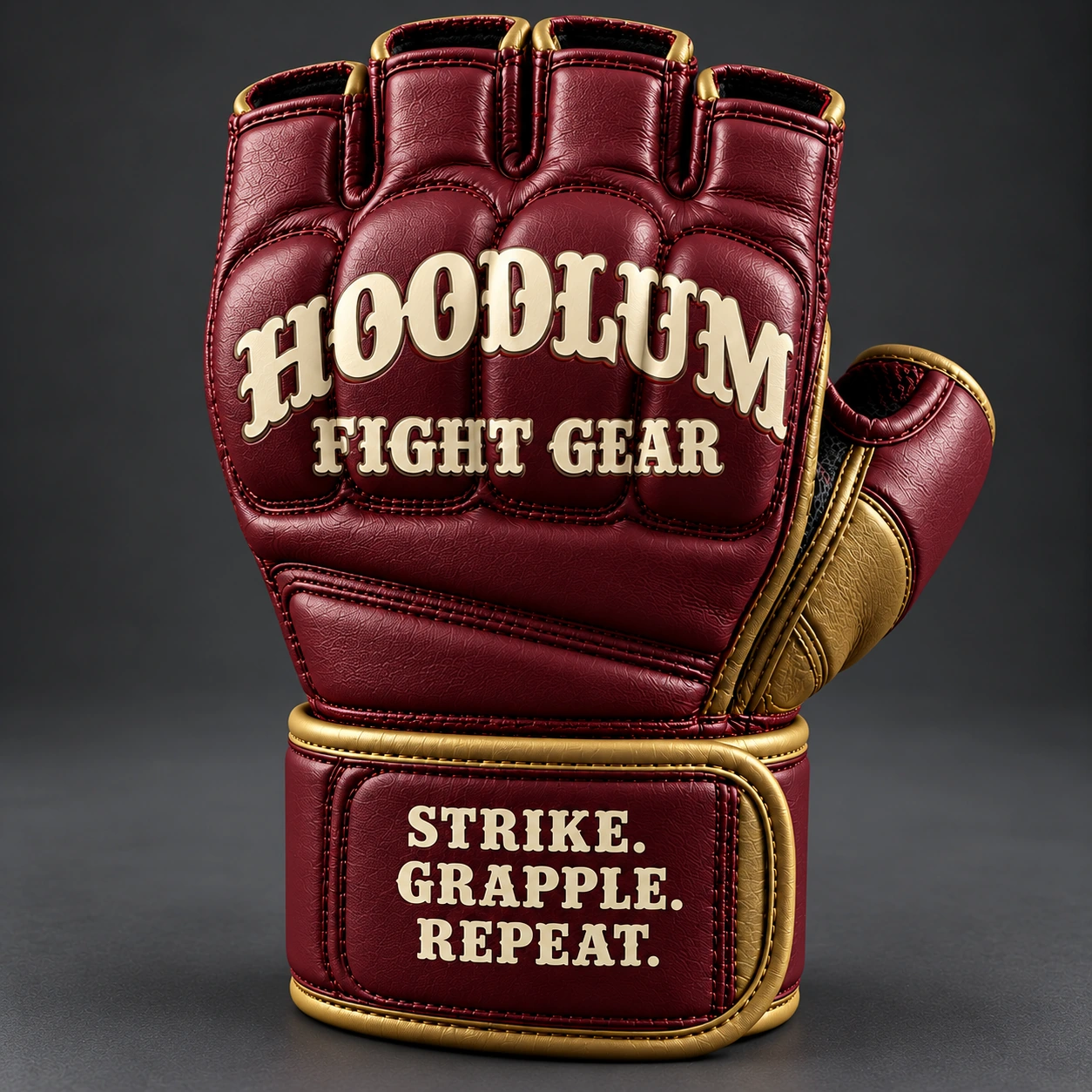 Hybrid Training Gloves — Oxblood / Brass — Branding detail (AI demo concept)