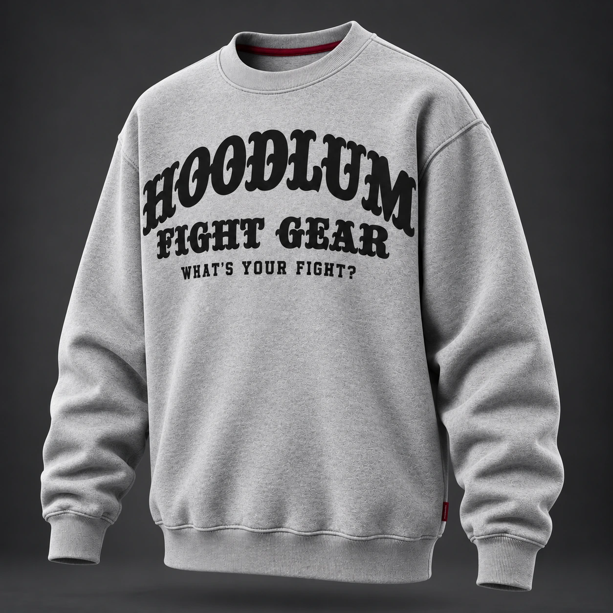 Identity Crewneck Sweatshirt — Ash / Burgundy — Three-quarter view (AI demo concept)