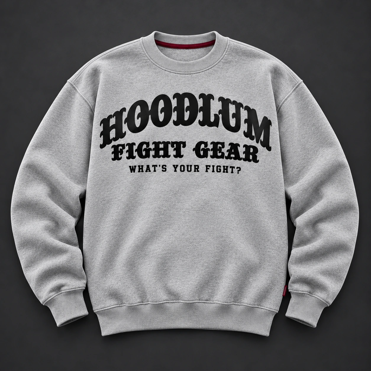 Identity Crewneck Sweatshirt — Ash / Burgundy — Flat-lay view (AI demo concept)