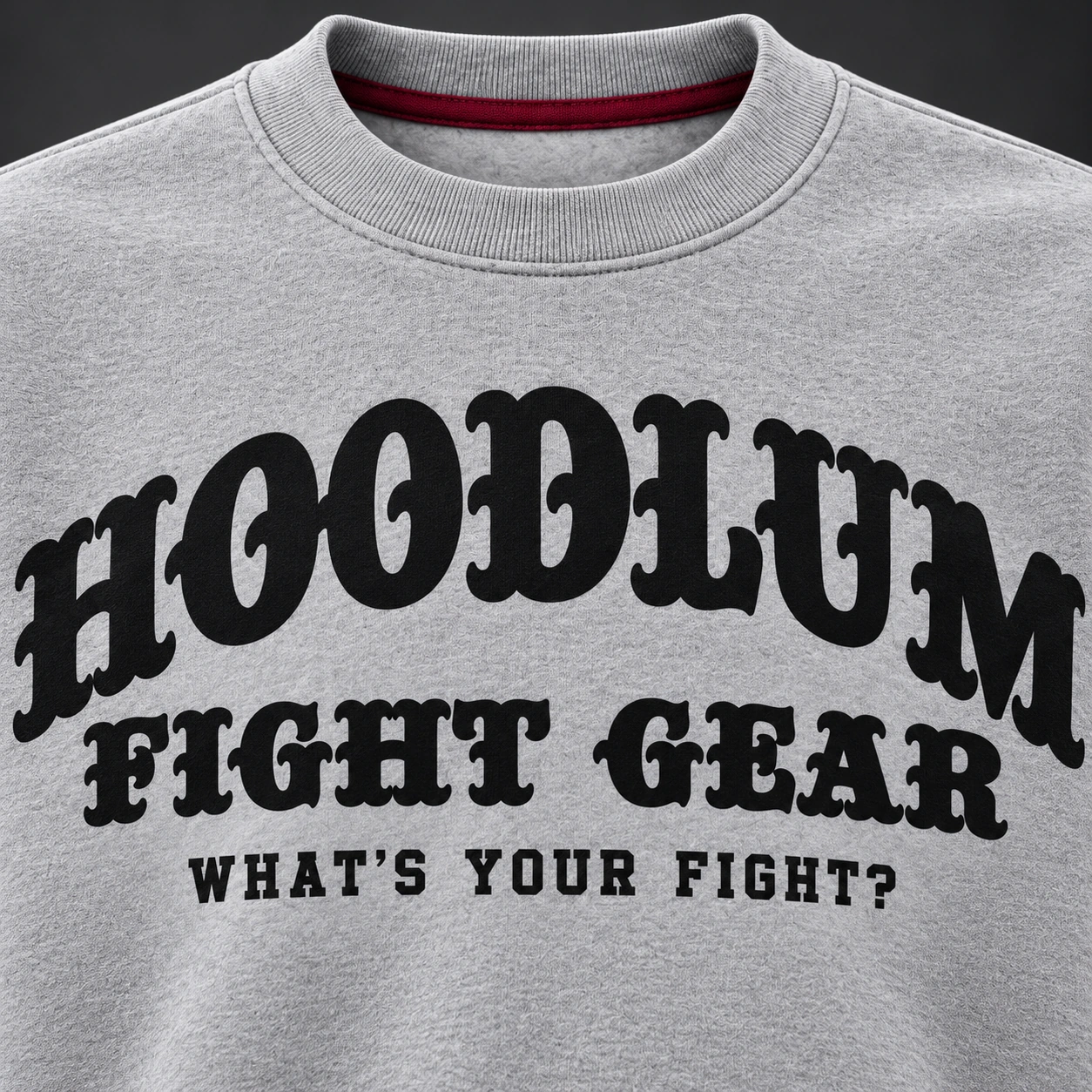 Identity Crewneck Sweatshirt — Ash / Burgundy — Branding detail (AI demo concept)