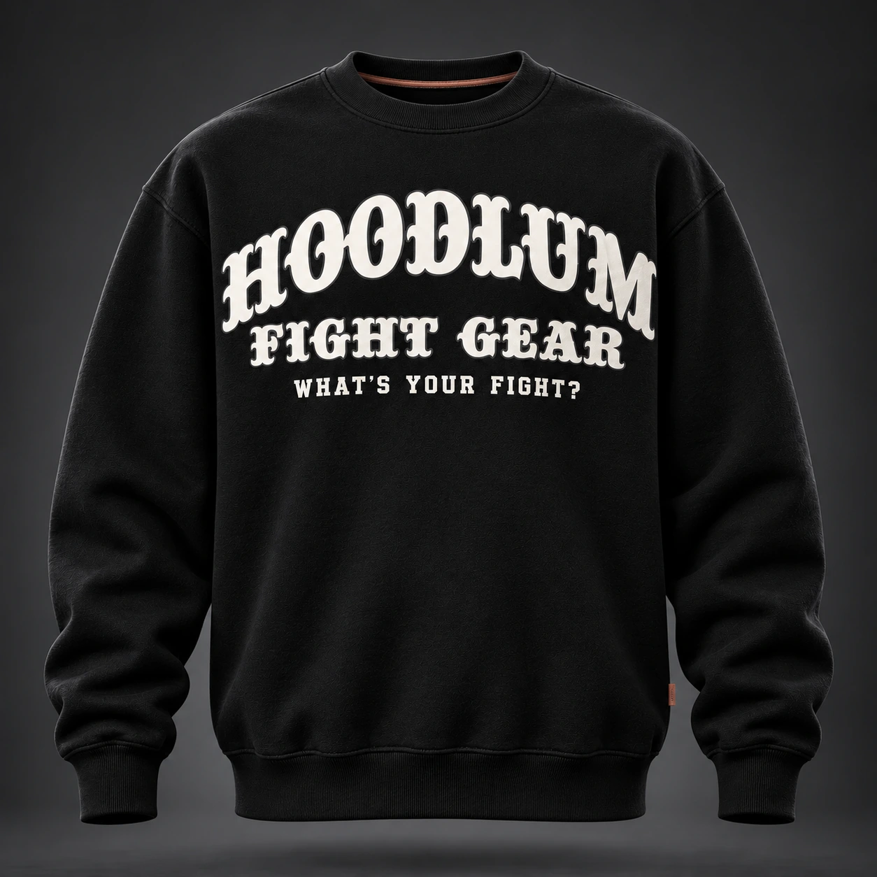 Identity Crewneck Sweatshirt — Black / Copper — Front view (AI demo concept)