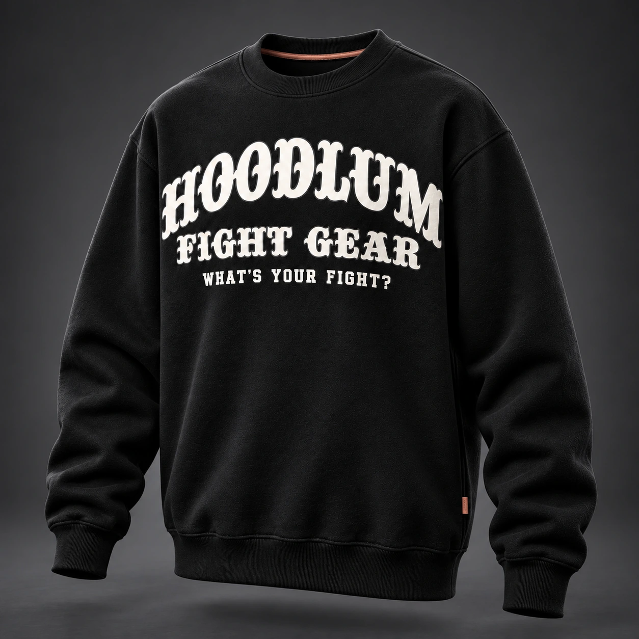 Identity Crewneck Sweatshirt — Black / Copper — Three-quarter view (AI demo concept)