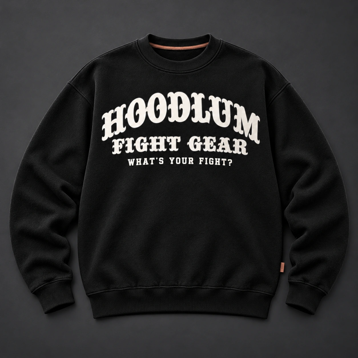 Identity Crewneck Sweatshirt — Black / Copper — Flat-lay view (AI demo concept)