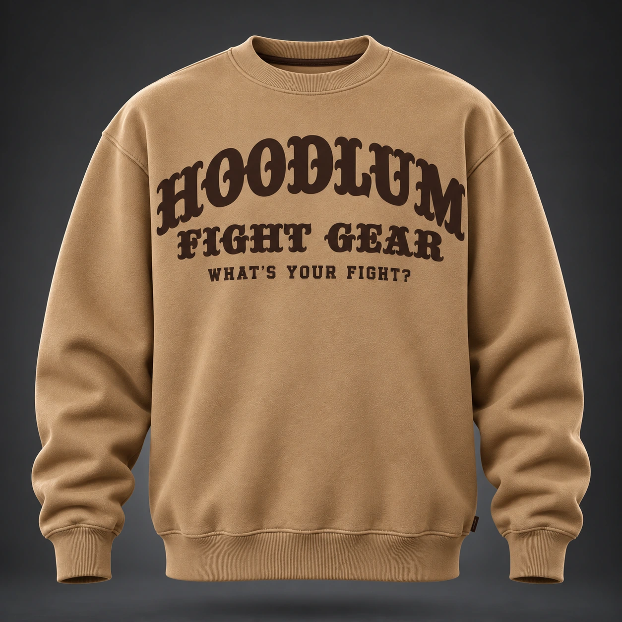 Identity Crewneck Sweatshirt — Camel / Espresso — Front view (AI demo concept)