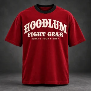 Identity Heavyweight Tee — Crimson / Onyx — Front view (AI demo concept)