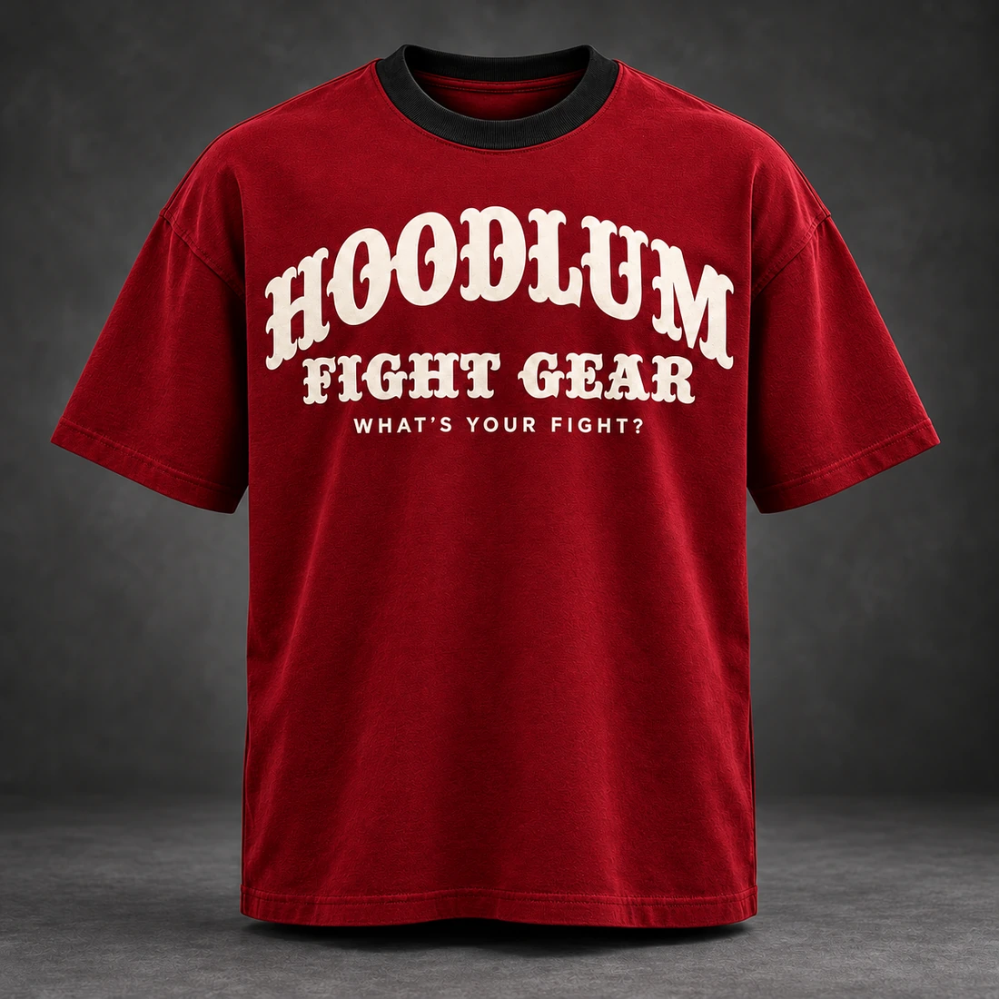 Identity Heavyweight Tee — Crimson / Onyx — Front view (AI demo concept)