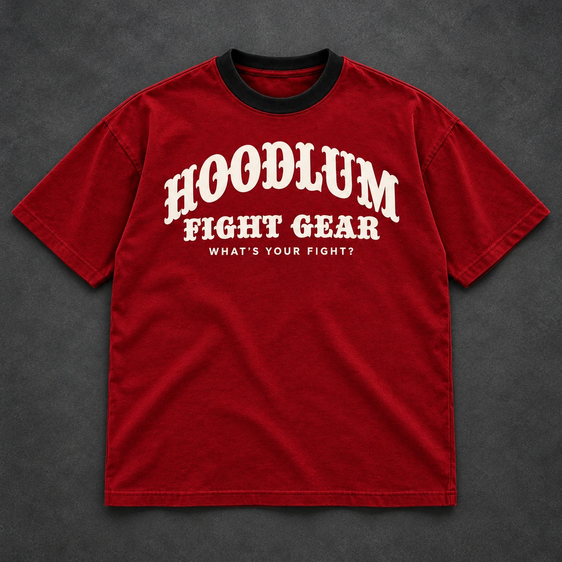 Identity Heavyweight Tee — Crimson / Onyx — Flat-lay view (AI demo concept)