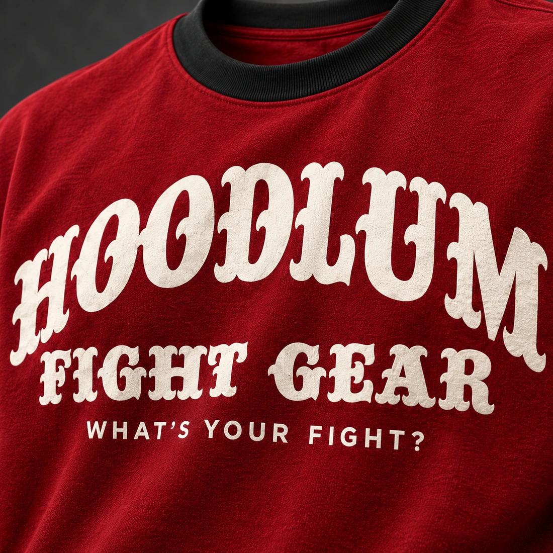 Identity Heavyweight Tee — Crimson / Onyx — Branding detail (AI demo concept)