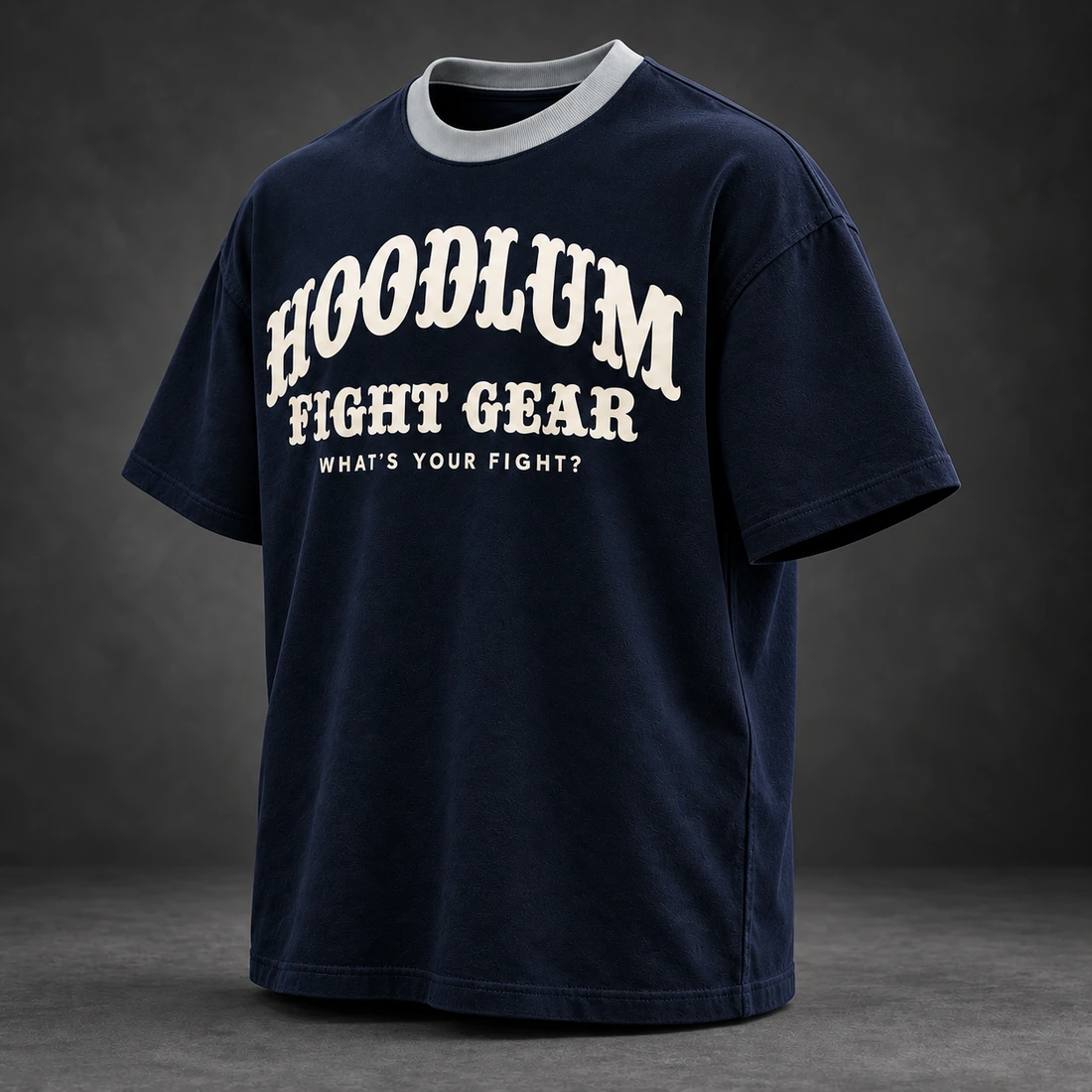 Identity Heavyweight Tee — Midnight / Ice — Three-quarter view (AI demo concept)