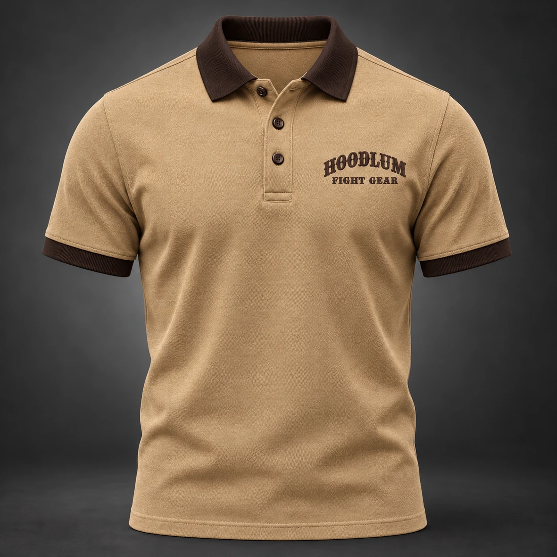 Identity Pique Polo — Camel / Espresso — Front view (AI demo concept)