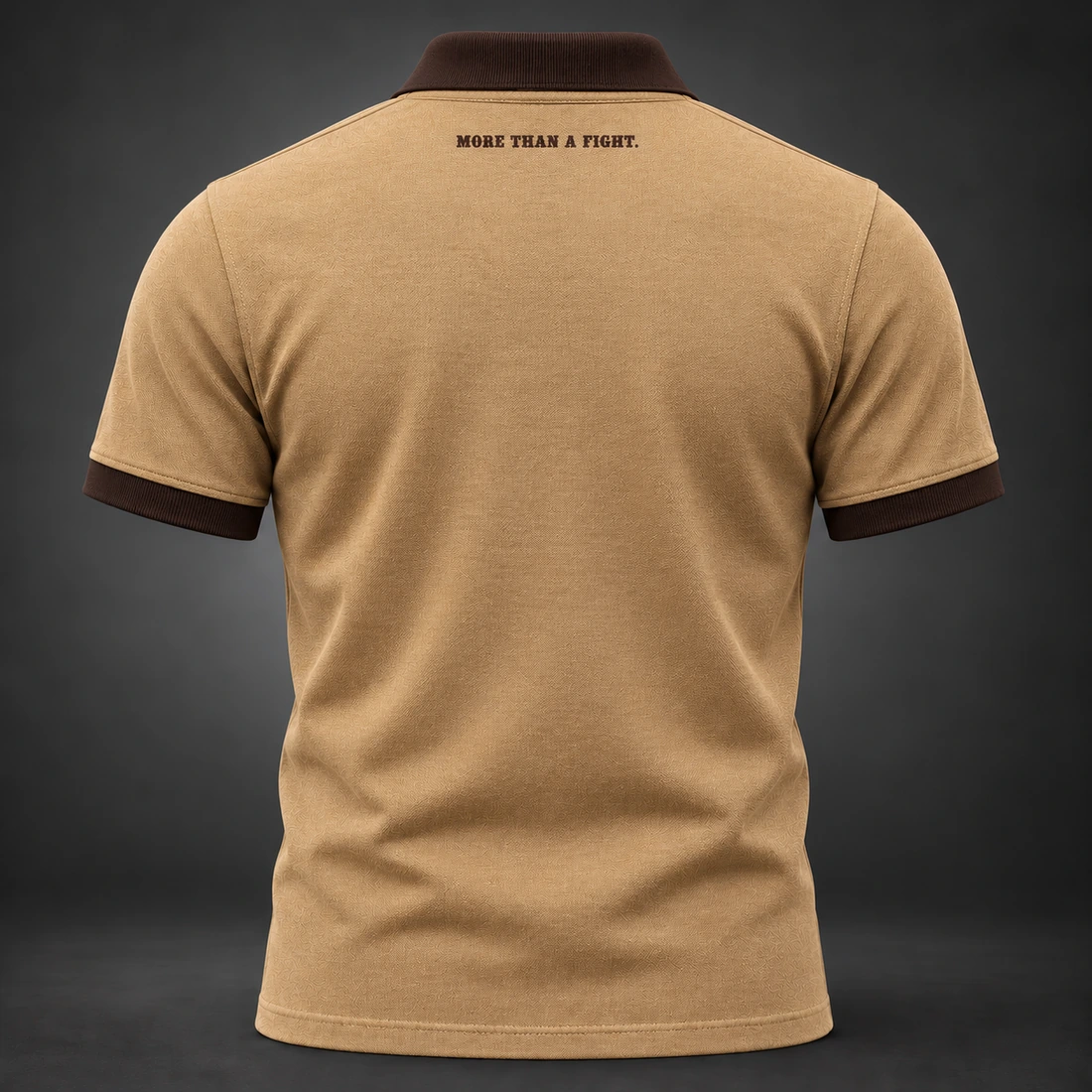 Identity Pique Polo — Camel / Espresso — Back view (AI demo concept)