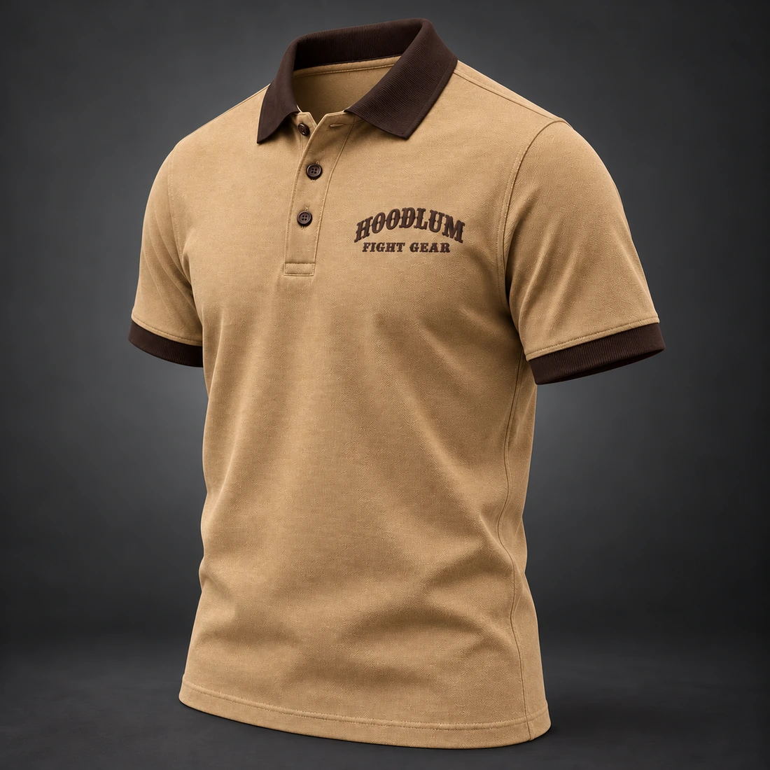 Identity Pique Polo — Camel / Espresso — Three-quarter view (AI demo concept)