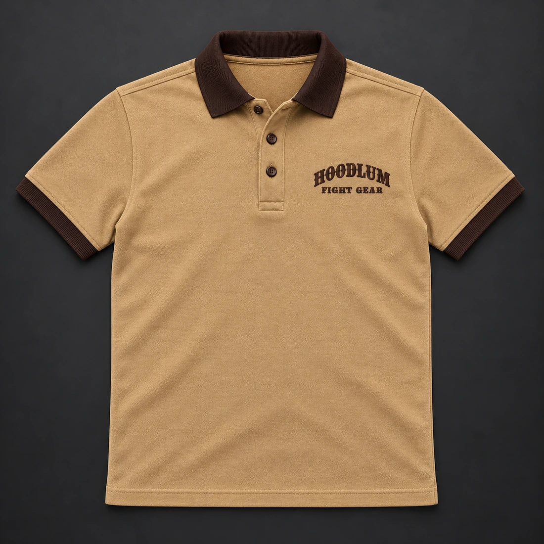 Identity Pique Polo — Camel / Espresso — Flat-lay view (AI demo concept)