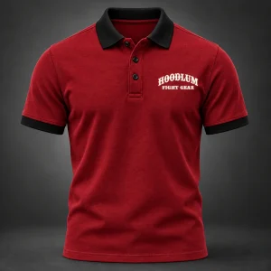 Identity Pique Polo — Crimson / Onyx — Front view (AI demo concept)