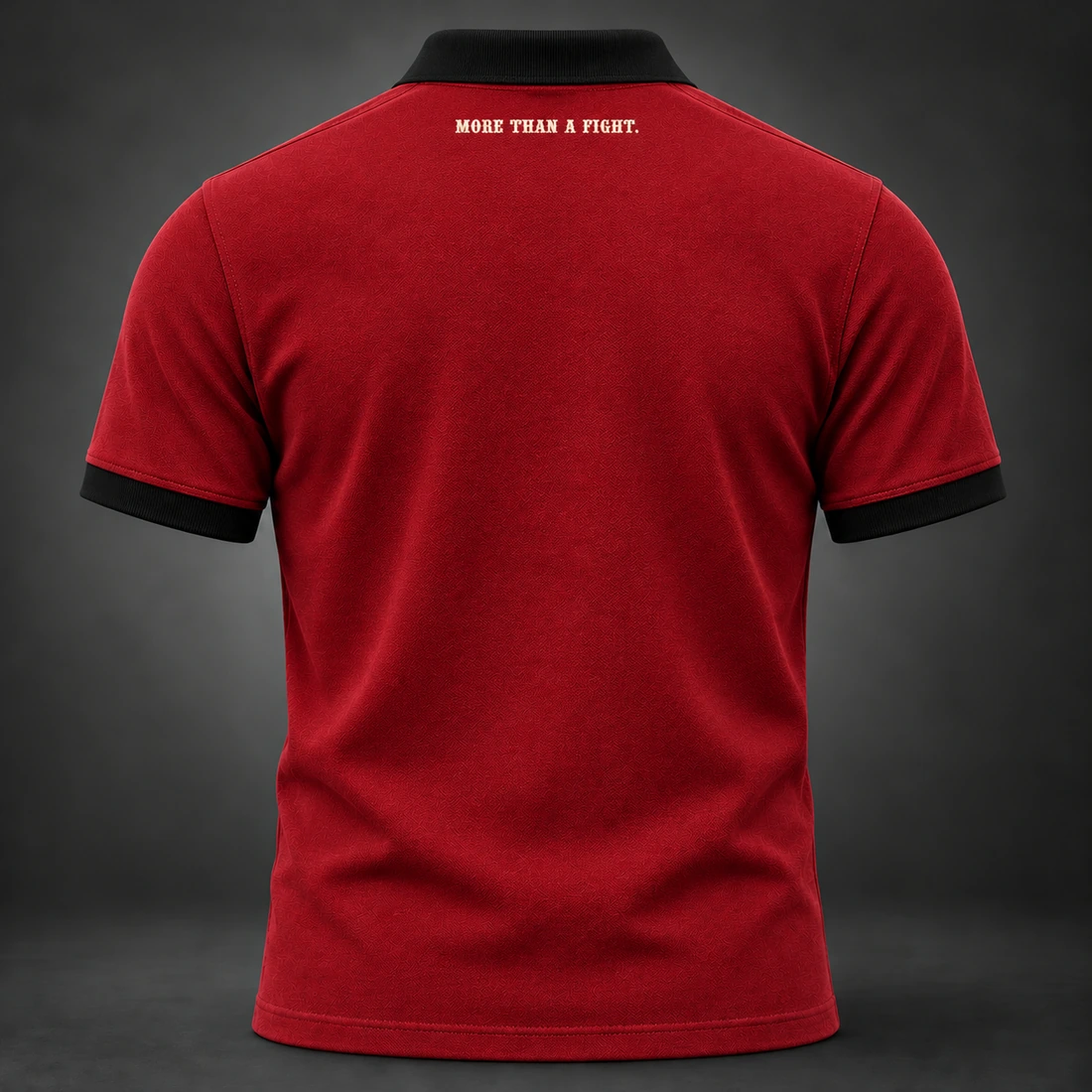Identity Pique Polo — Crimson / Onyx — Back view (AI demo concept)
