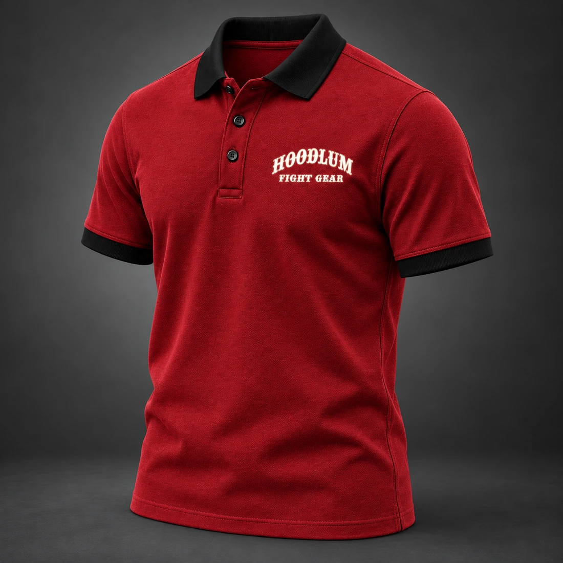 Identity Pique Polo — Crimson / Onyx — Three-quarter view (AI demo concept)