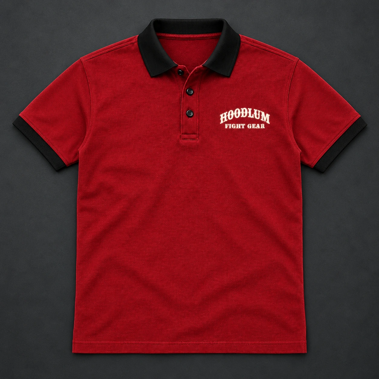 Identity Pique Polo — Crimson / Onyx — Flat-lay view (AI demo concept)