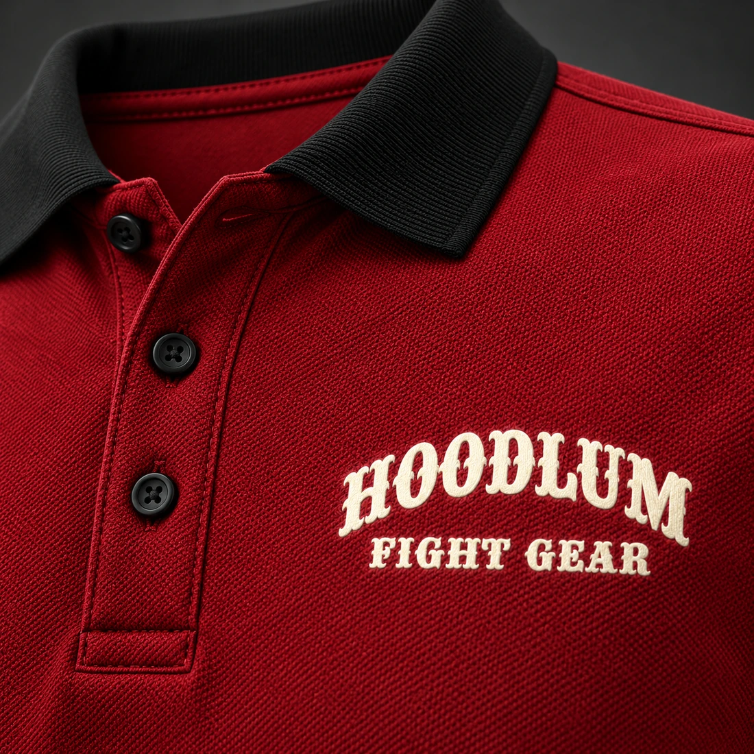 Identity Pique Polo — Crimson / Onyx — Branding detail (AI demo concept)
