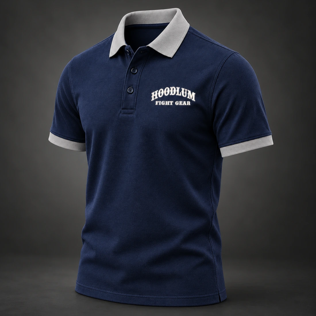 Identity Pique Polo — Midnight / Ice — Three-quarter view (AI demo concept)