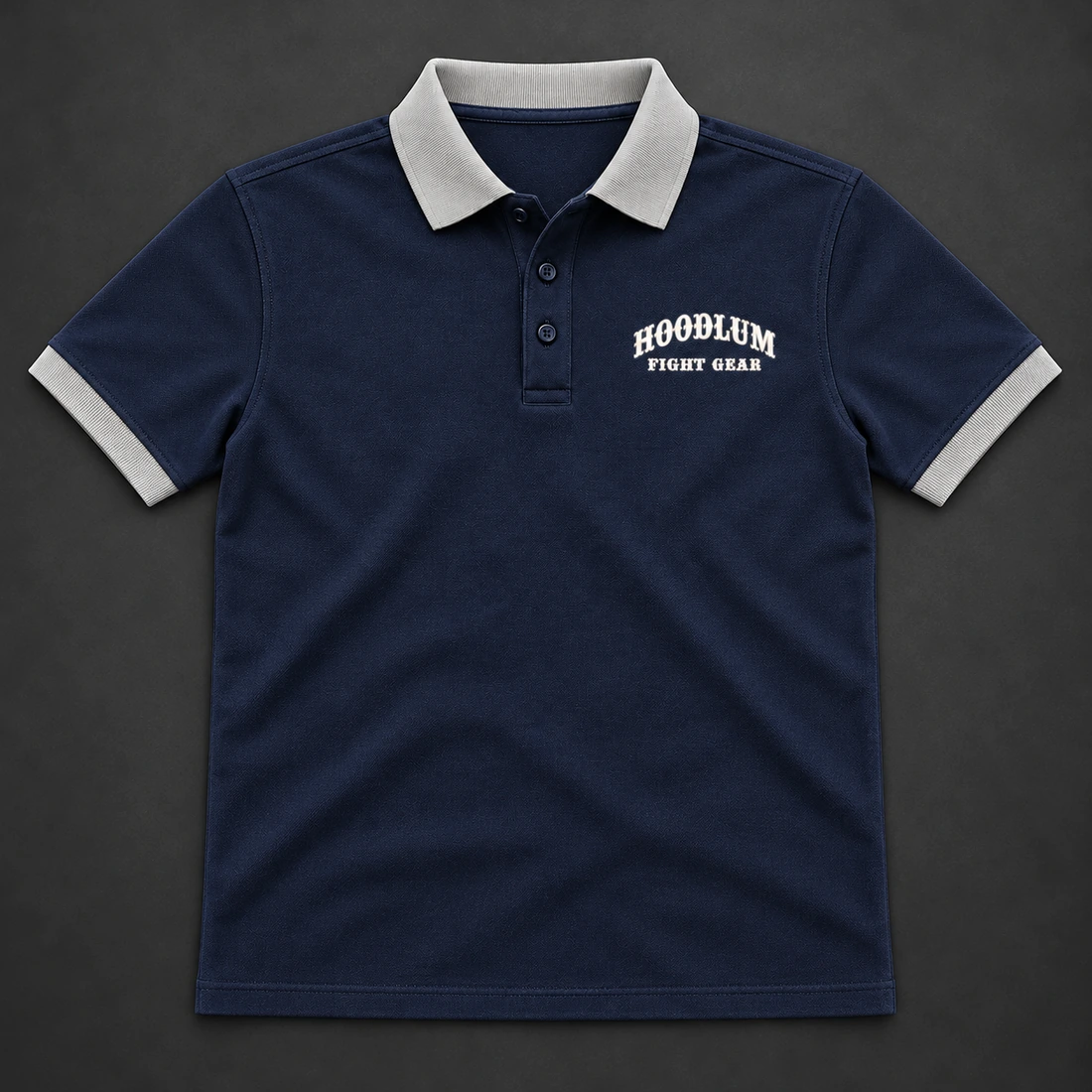 Identity Pique Polo — Midnight / Ice — Flat-lay view (AI demo concept)