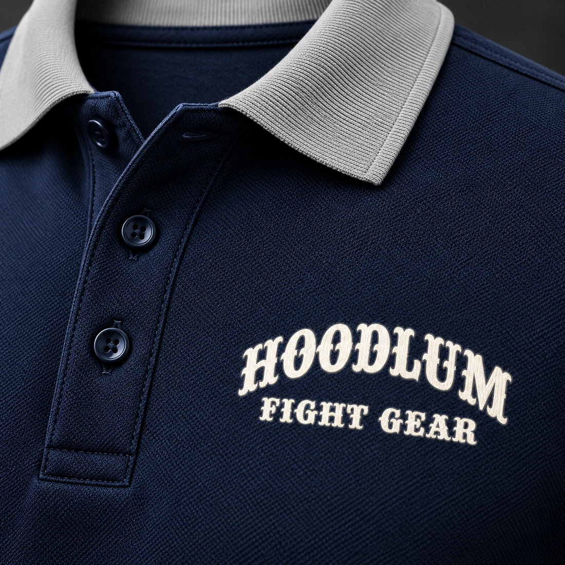 Identity Pique Polo — Midnight / Ice — Branding detail (AI demo concept)