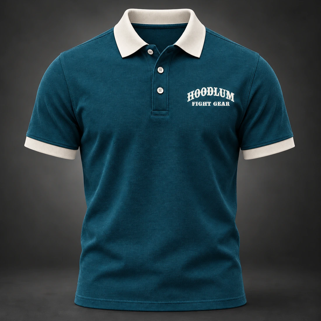 Identity Pique Polo — Petrol / Chalk — Front view (AI demo concept)