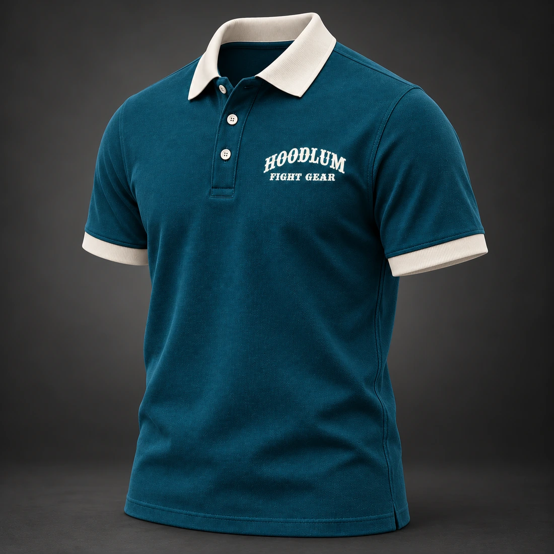 Identity Pique Polo — Petrol / Chalk — Three-quarter view (AI demo concept)