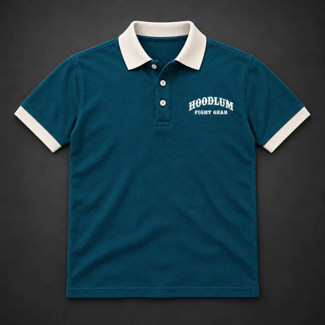 Identity Pique Polo — Petrol / Chalk — Flat-lay view (AI demo concept)