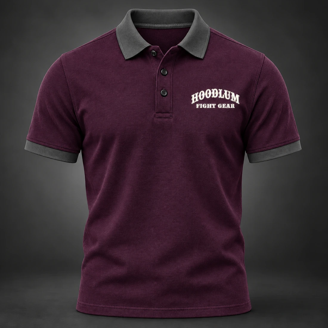 Identity Pique Polo — Plum / Pewter — Front view (AI demo concept)
