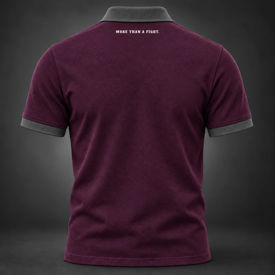 Identity Pique Polo — Plum / Pewter — Back view (AI demo concept)