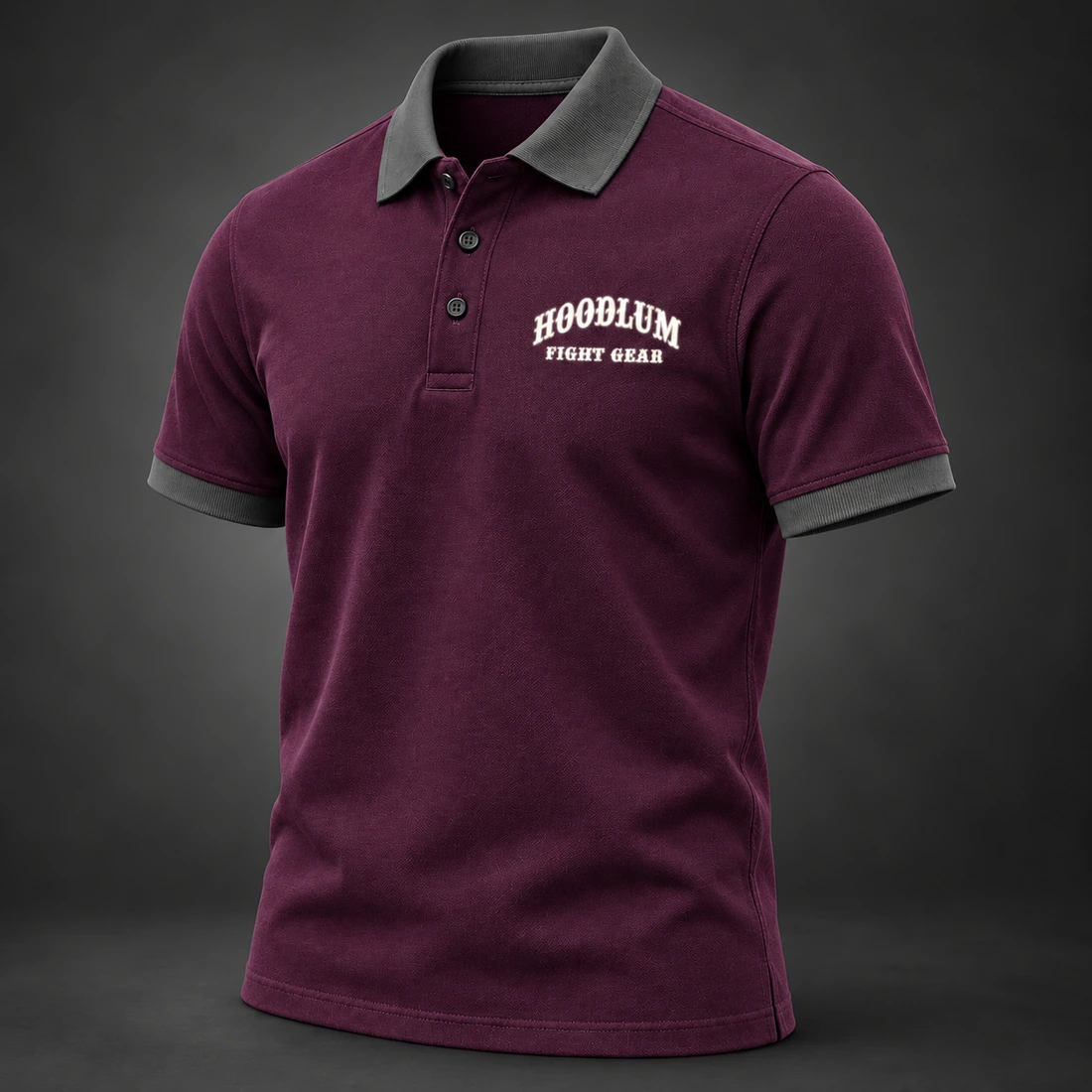 Identity Pique Polo — Plum / Pewter — Three-quarter view (AI demo concept)