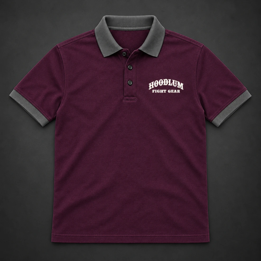 Identity Pique Polo — Plum / Pewter — Flat-lay view (AI demo concept)