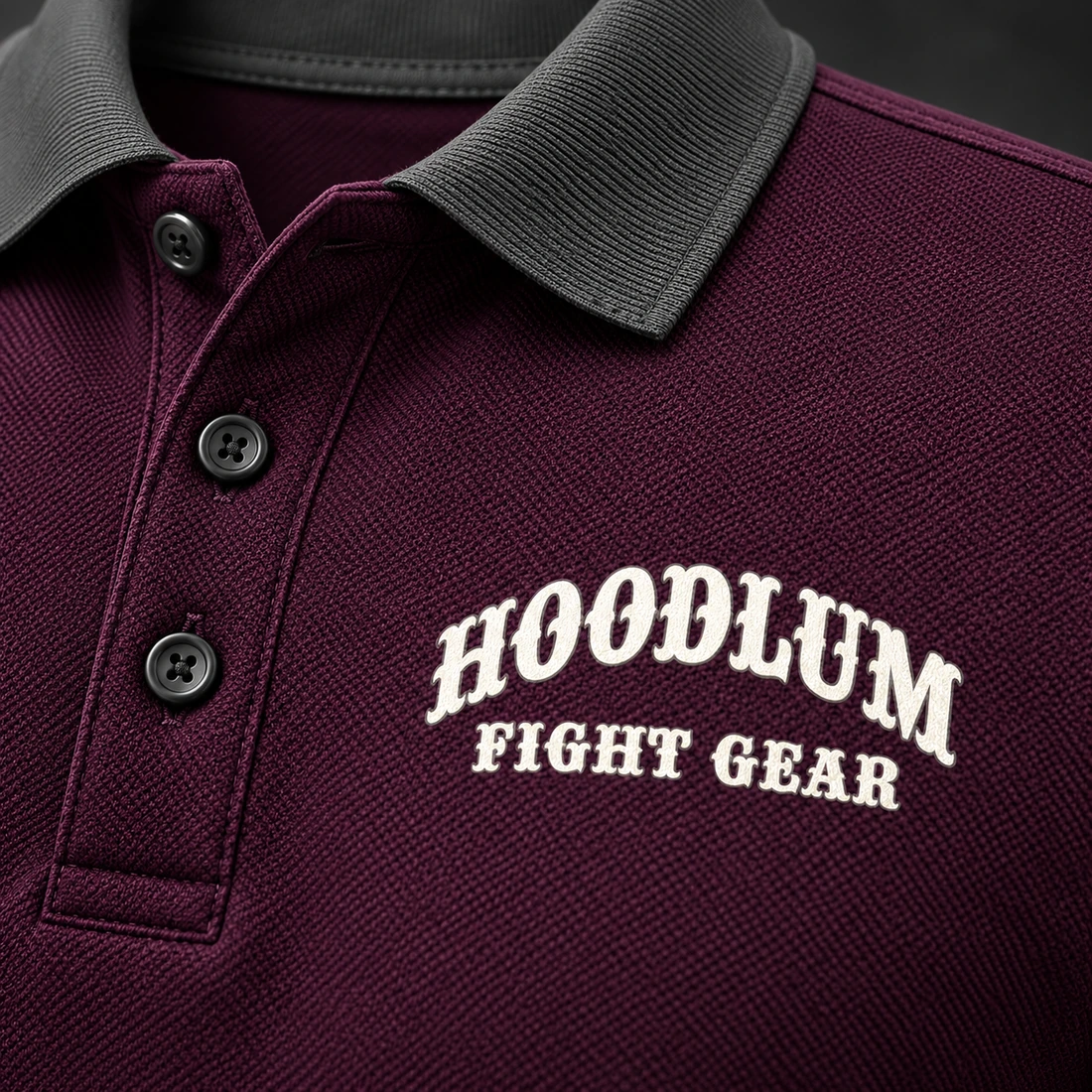 Identity Pique Polo — Plum / Pewter — Branding detail (AI demo concept)