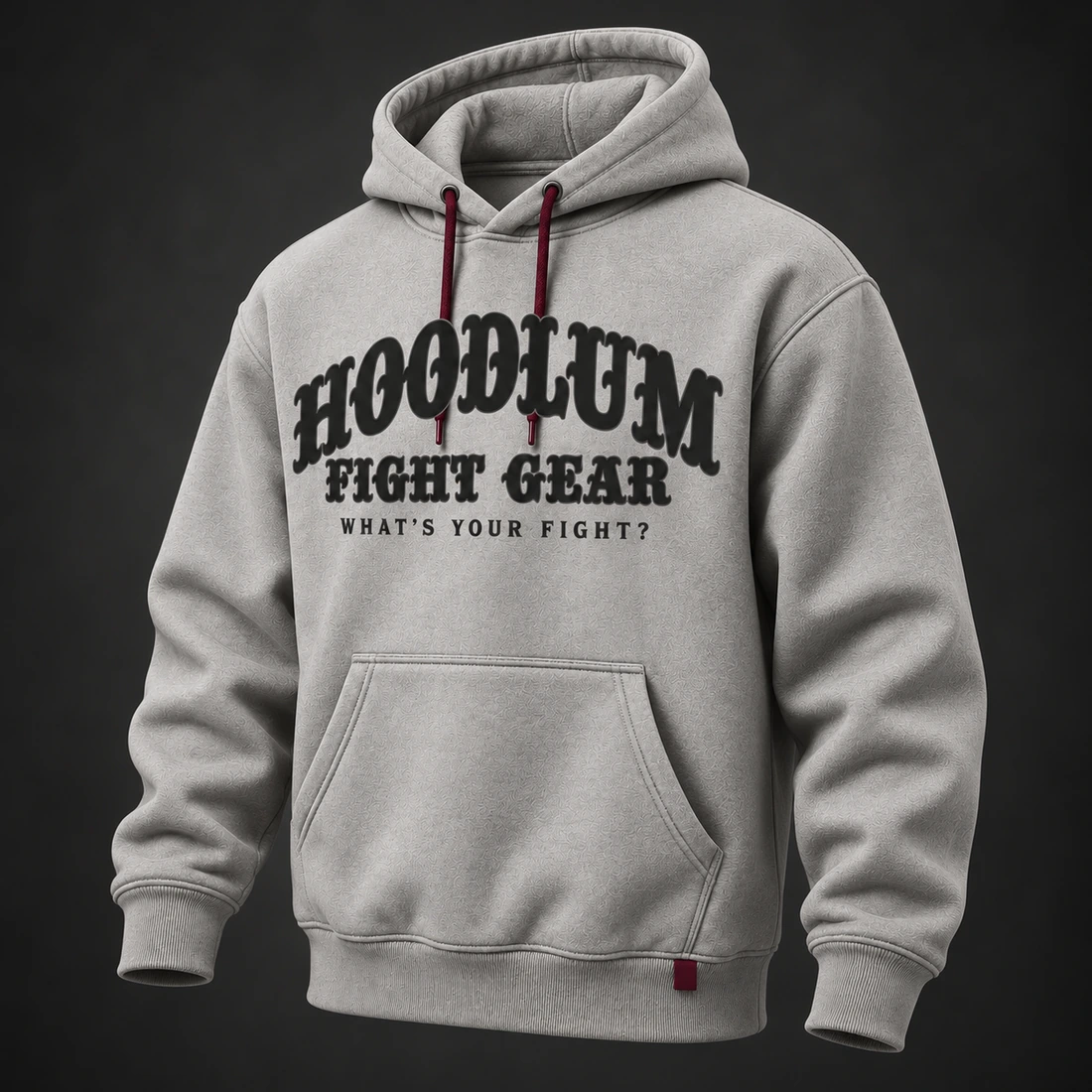 Identity Pullover Hoodie — Ash / Burgundy — Three-quarter view (AI demo concept)
