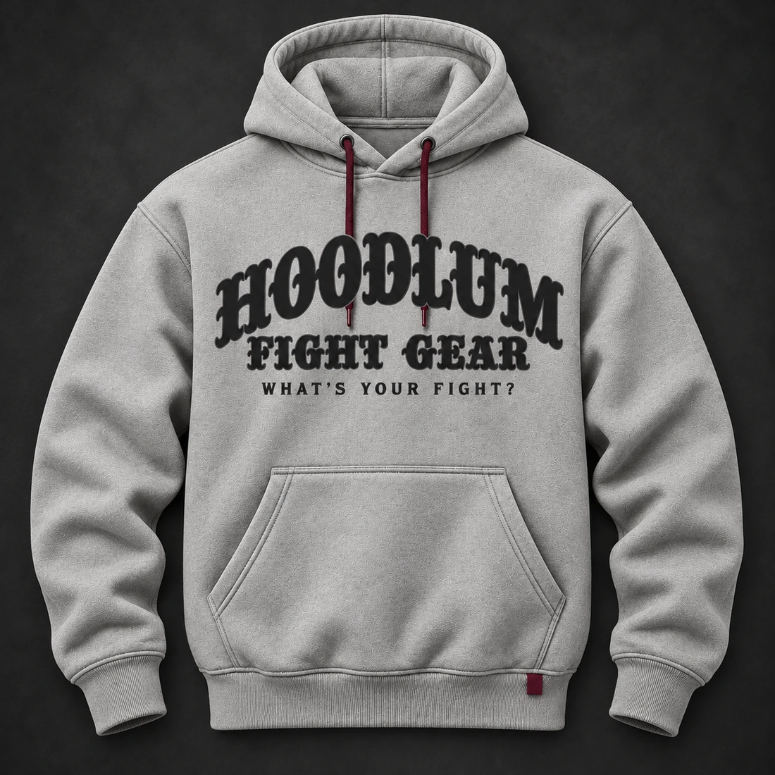 Identity Pullover Hoodie — Ash / Burgundy — Flat-lay view (AI demo concept)