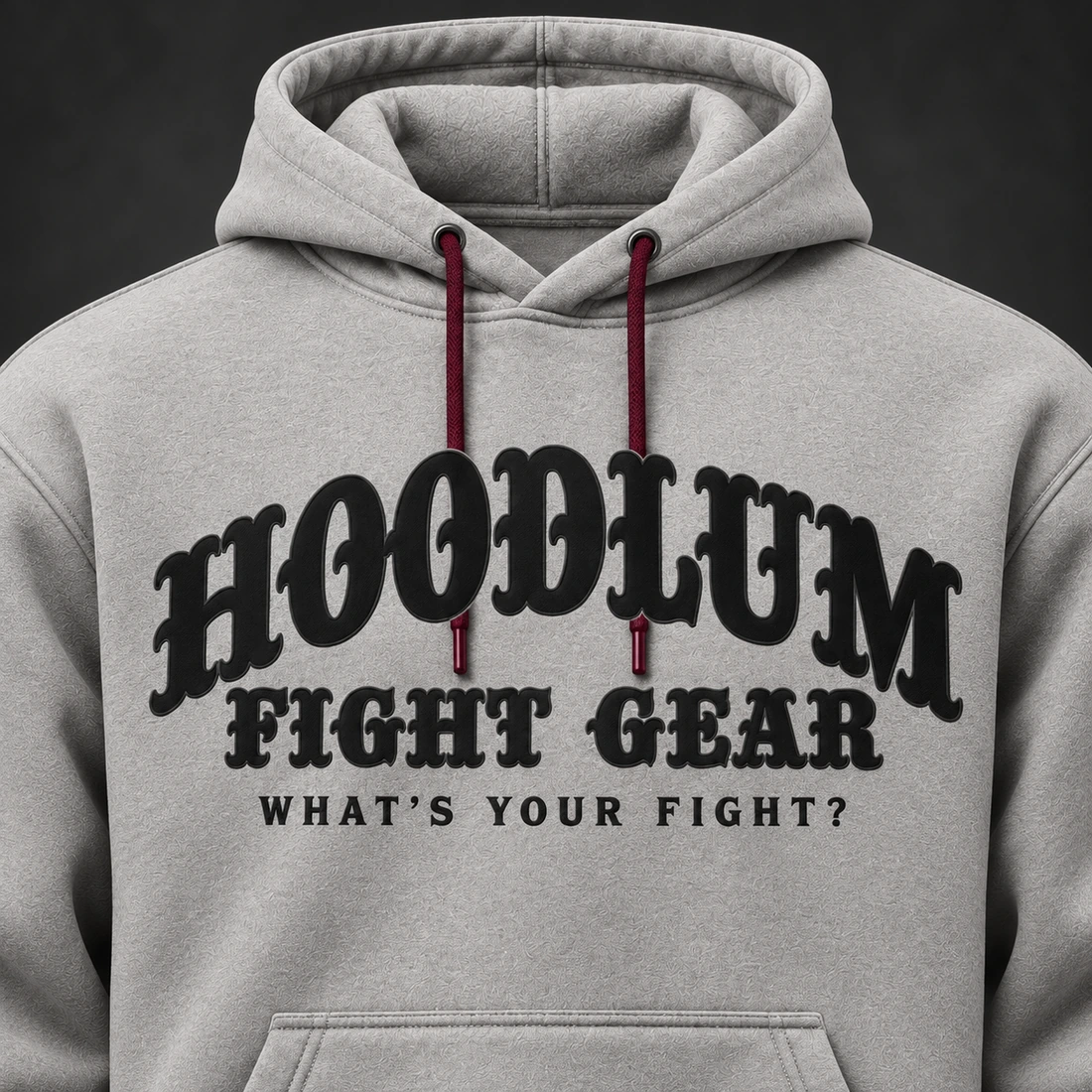 Identity Pullover Hoodie — Ash / Burgundy — Branding detail (AI demo concept)