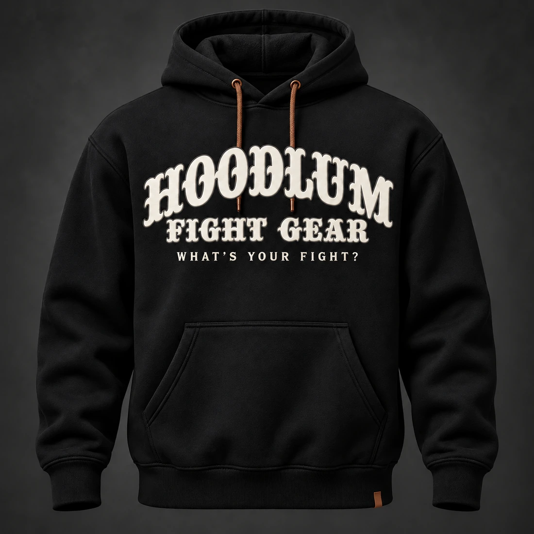 Identity Pullover Hoodie — Black / Copper — Front view (AI demo concept)