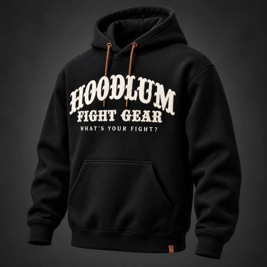 Identity Pullover Hoodie — Black / Copper — Three-quarter view (AI demo concept)