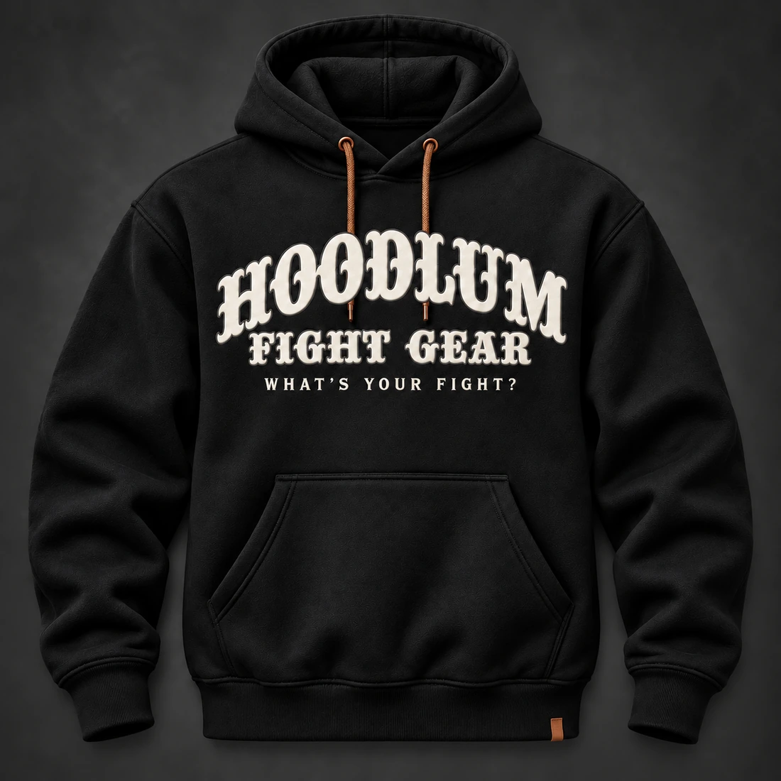 Identity Pullover Hoodie — Black / Copper — Flat-lay view (AI demo concept)