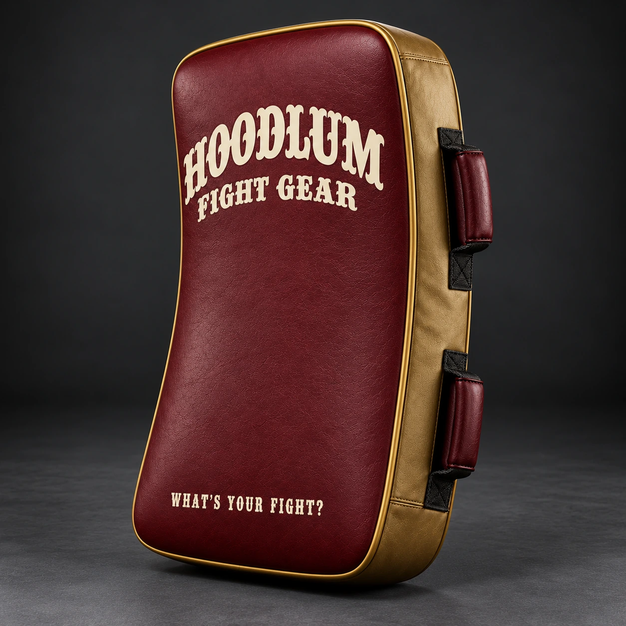 Kick Shield — Oxblood / Brass — Opposite-side view (AI demo concept)