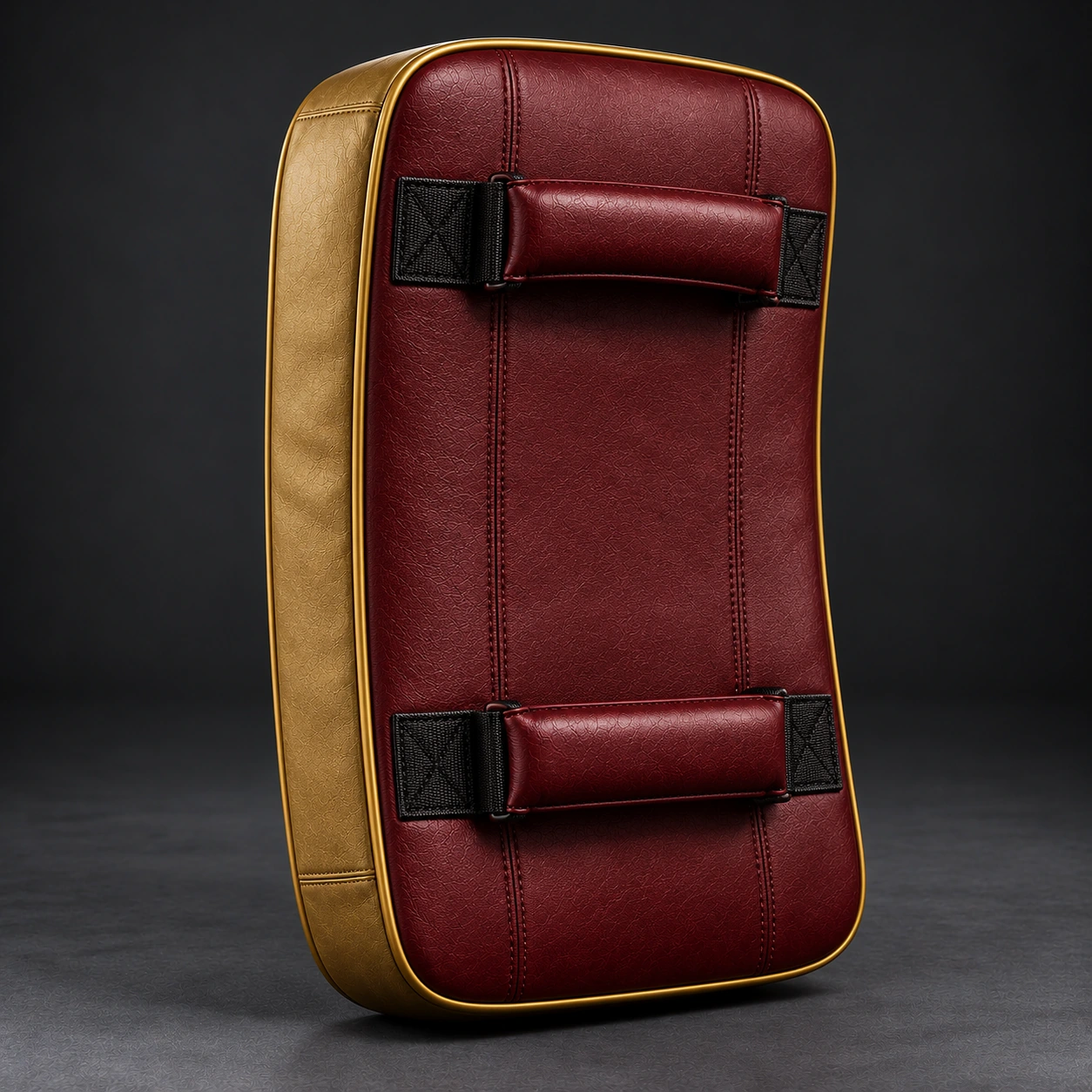 Kick Shield — Oxblood / Brass — Rear view (AI demo concept)