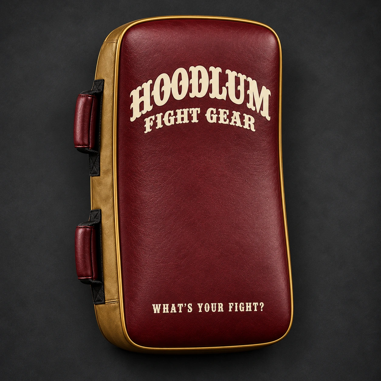 Kick Shield — Oxblood / Brass — Top view (AI demo concept)