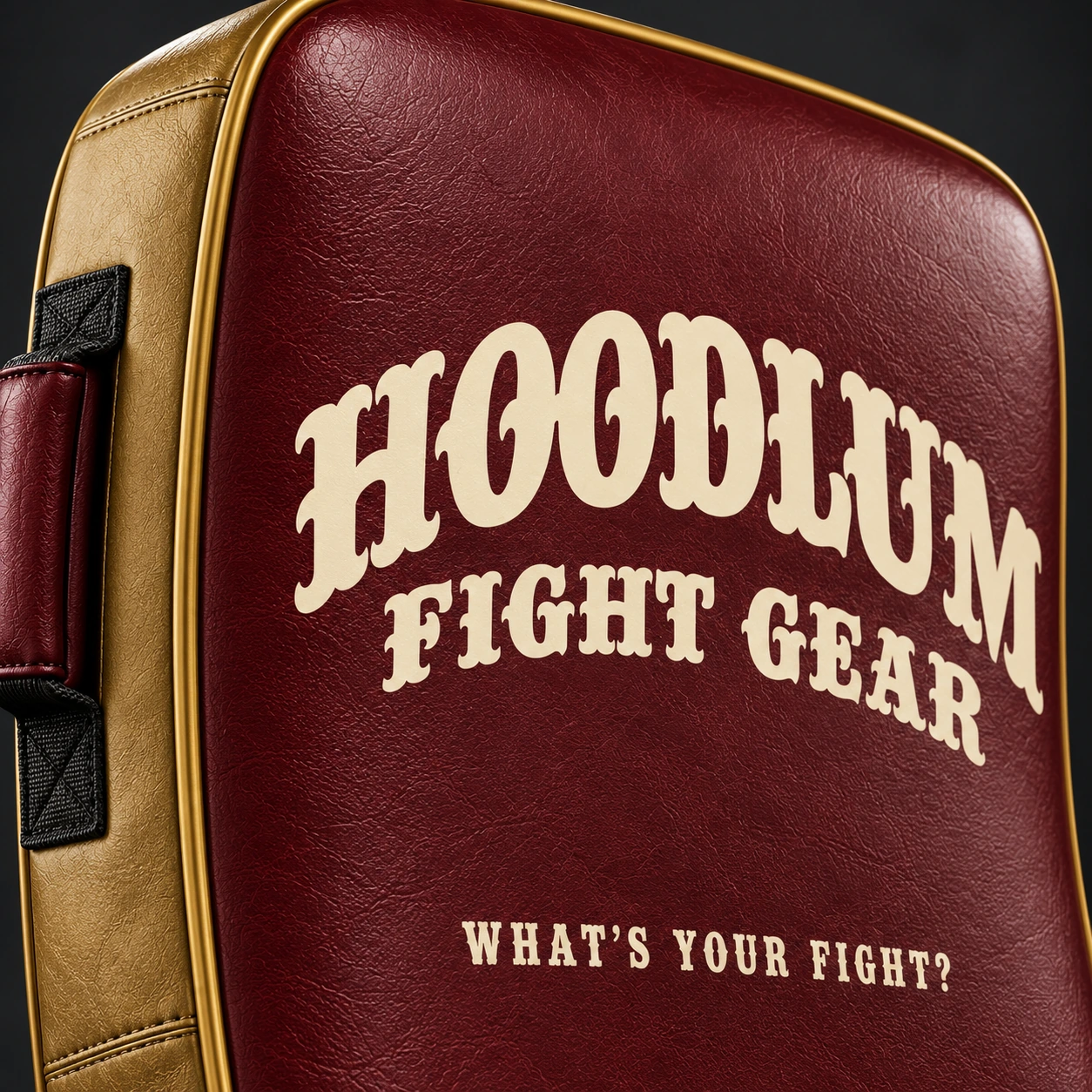 Kick Shield — Oxblood / Brass — Branding detail (AI demo concept)