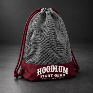 Mesh Gear Bag — Ash / Burgundy — Three-quarter view (AI demo concept)