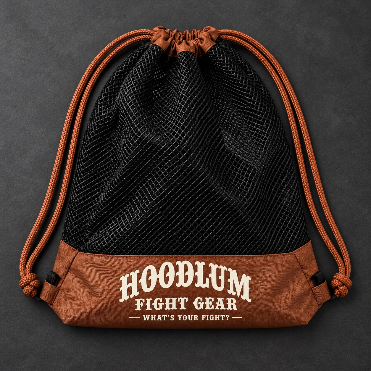Mesh Gear Bag — Black / Copper — Top view (AI demo concept)
