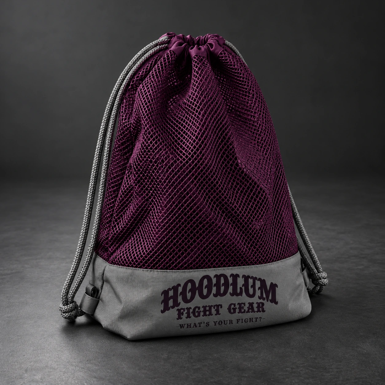 Mesh Gear Bag — Plum / Pewter — Three-quarter view (AI demo concept)
